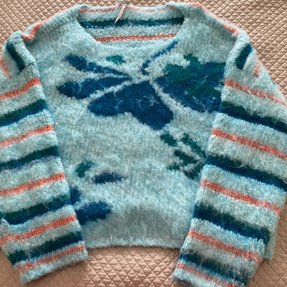 Free People Blue and Pink Fuzzy Sweater